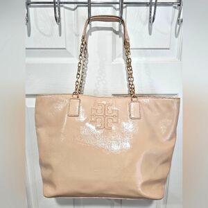 Tory Burch Patent Leather Charlie Tote Cream with COA